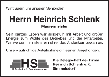 Traueranzeige von Heinrich Schlenk von Pegnitz-Zeitung