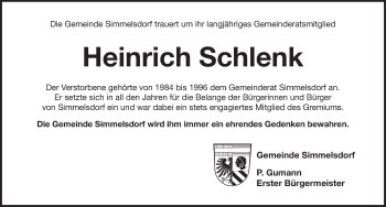 Traueranzeige von Heinrich Schlenk von Pegnitz-Zeitung