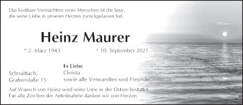Traueranzeige von Heinz Maurer von Pegnitz-Zeitung