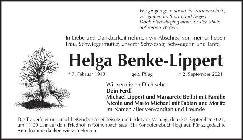  Traueranzeige für Helga Benke-Lippert vom 15.09.2021 aus Pegnitz-Zeitung