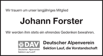 Traueranzeige von Johann Forster von Pegnitz-Zeitung
