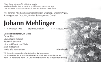Traueranzeige von Johann Mehlinger von Pegnitz-Zeitung