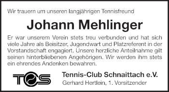 Traueranzeige von Johann Mehlinger von Pegnitz-Zeitung