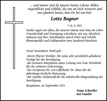 Traueranzeige von Lotte Bogner von Der Bote