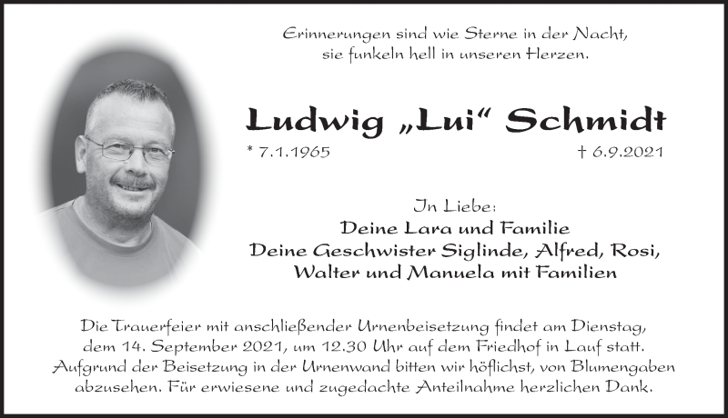  Traueranzeige für Ludwig Schmidt vom 11.09.2021 aus Pegnitz-Zeitung