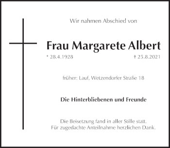Traueranzeige von Margarete Albert von Pegnitz-Zeitung