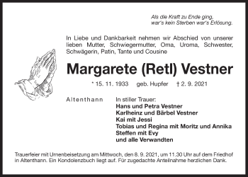 Traueranzeige von Margarete Vestner von Der Bote