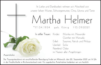 Traueranzeige von Martha Helmer von Hersbrucker Zeitung