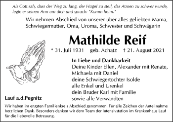 Traueranzeige von Mathilde Reif von Pegnitz-Zeitung