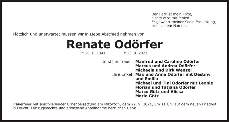  Traueranzeige für Renate Odörfer vom 27.09.2021 aus Der Bote
