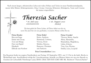 Traueranzeige von Theresia Sacher von Der Bote
