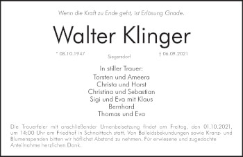 Traueranzeige von Walter Klinger von Pegnitz-Zeitung
