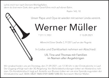Traueranzeige von Werner Müller von Pegnitz-Zeitung