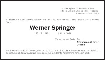 Traueranzeige von Werner Springer von Der Bote