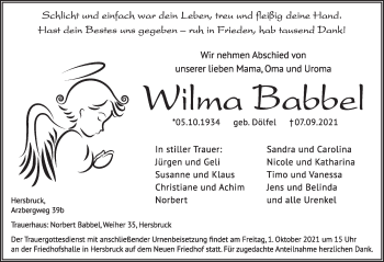 Traueranzeige von Wilma Babbel von Hersbrucker Zeitung