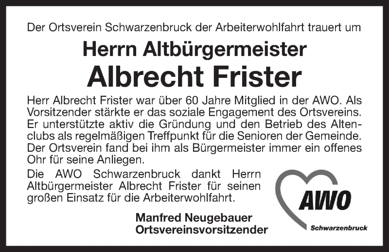  Traueranzeige für Albrecht Frister vom 29.01.2022 aus Der Bote