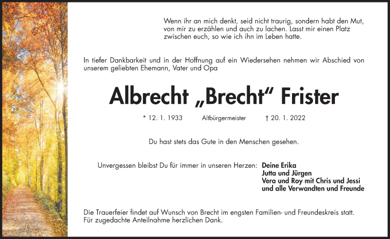  Traueranzeige für Albrecht Frister vom 29.01.2022 aus Der Bote