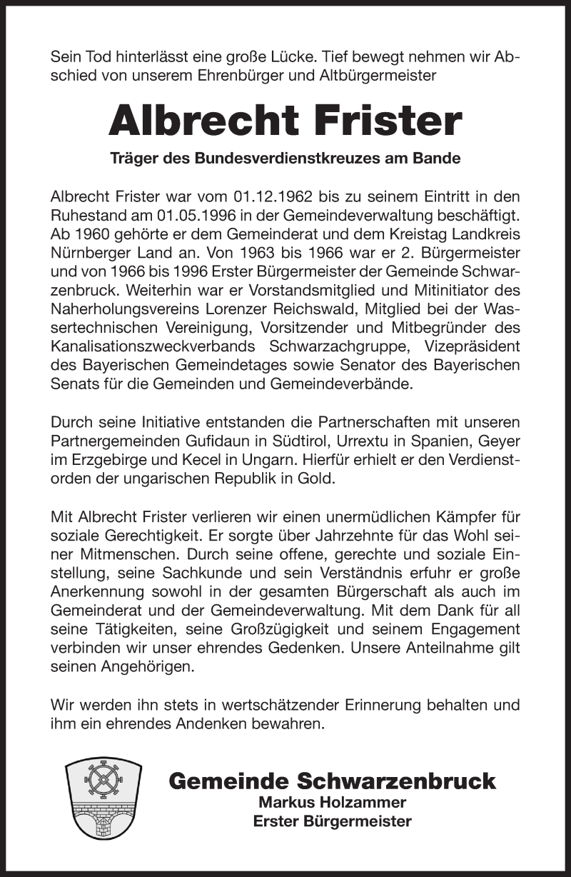  Traueranzeige für Albrecht Frister vom 29.01.2022 aus Der Bote