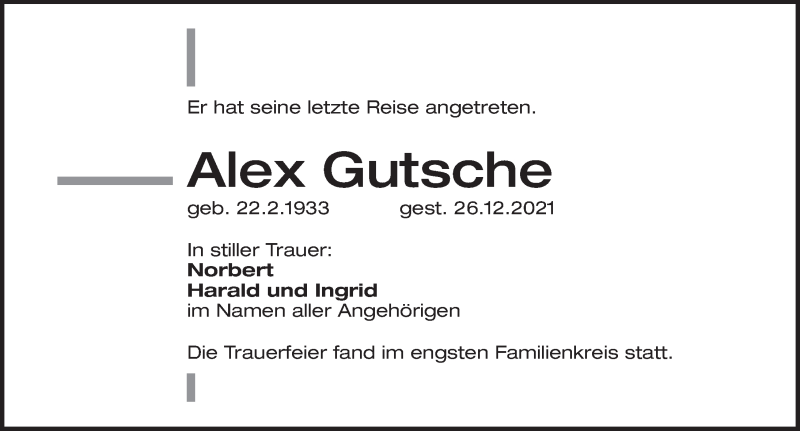  Traueranzeige für Alex Gutsche vom 12.01.2022 aus Pegnitz-Zeitung