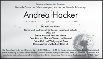 Traueranzeige von Andrea Hacker von Pegnitz-Zeitung