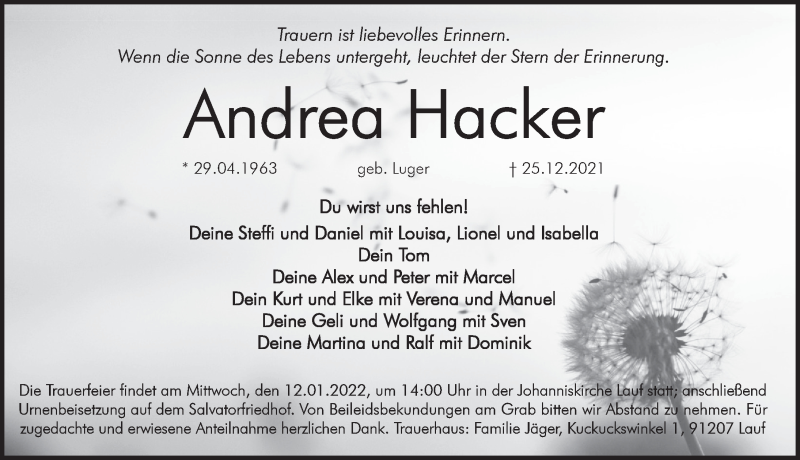  Traueranzeige für Andrea Hacker vom 08.01.2022 aus Pegnitz-Zeitung