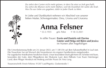 Traueranzeige von Anna Felsner von Pegnitz-Zeitung