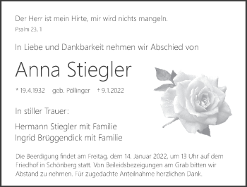 Traueranzeige von Anna Stiegler von Pegnitz-Zeitung