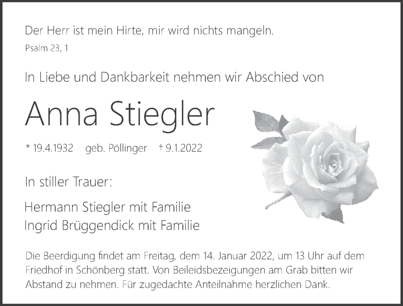  Traueranzeige für Anna Stiegler vom 12.01.2022 aus Pegnitz-Zeitung