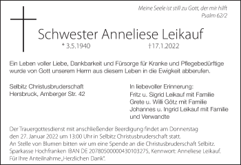 Traueranzeige von Anneliese Leikauf von Hersbrucker Zeitung