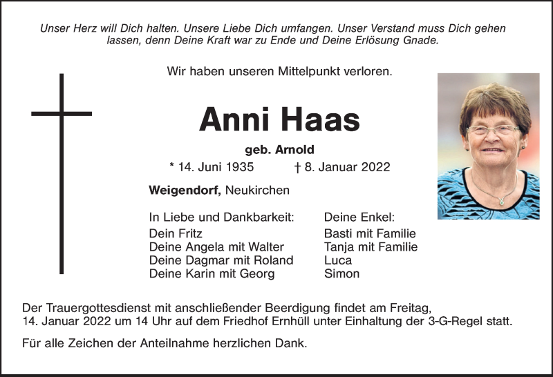  Traueranzeige für Anni Haas vom 12.01.2022 aus Hersbrucker Zeitung
