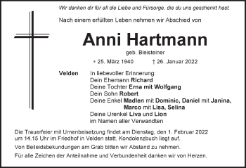 Traueranzeige von Anni Hartmann von Hersbrucker Zeitung