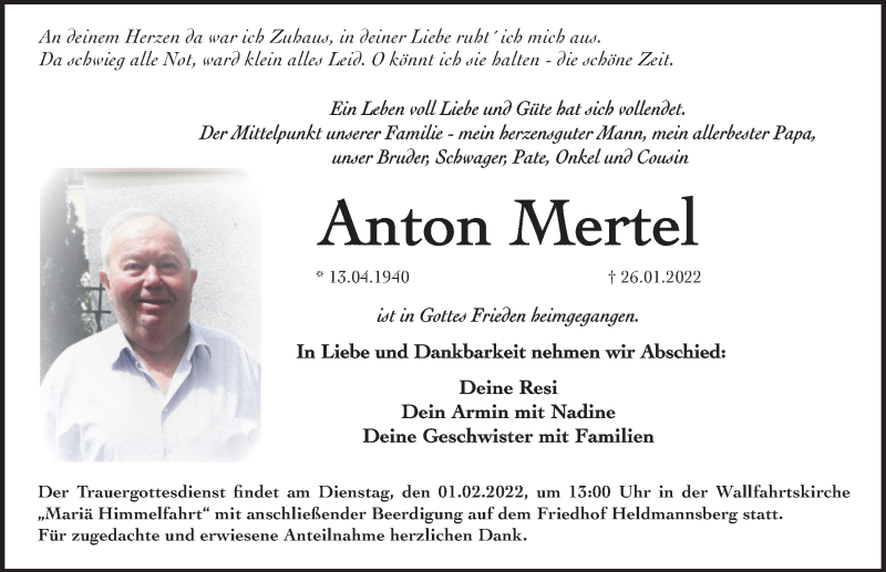  Traueranzeige für Anton Mertel vom 29.01.2022 aus Hersbrucker Zeitung