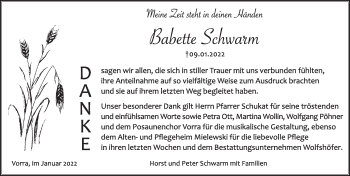 Traueranzeige von Babette Schwarm von Hersbrucker Zeitung