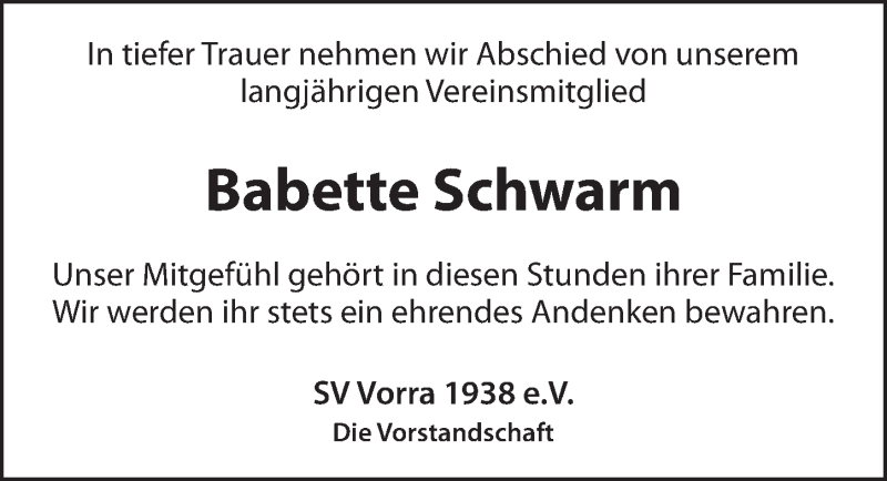  Traueranzeige für Babette Schwarm vom 13.01.2022 aus Hersbrucker Zeitung