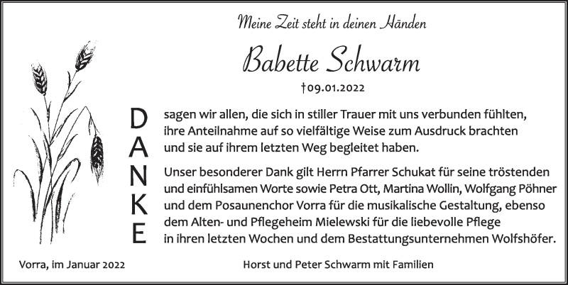  Traueranzeige für Babette Schwarm vom 22.01.2022 aus Hersbrucker Zeitung