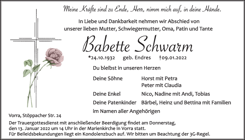  Traueranzeige für Babette Schwarm vom 12.01.2022 aus Hersbrucker Zeitung