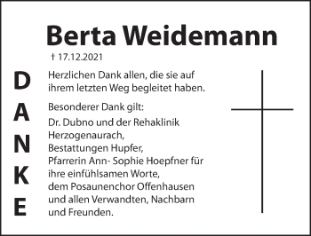 Traueranzeige von Berta Weidemann von Hersbrucker Zeitung