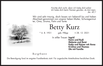 Traueranzeige von Betty Kurz von Der Bote
