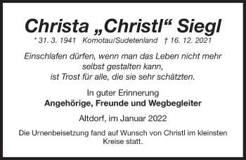 Traueranzeige von Christa Siegl von Der Bote