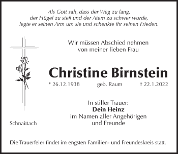 Traueranzeige von Christine Birnstein von Pegnitz-Zeitung