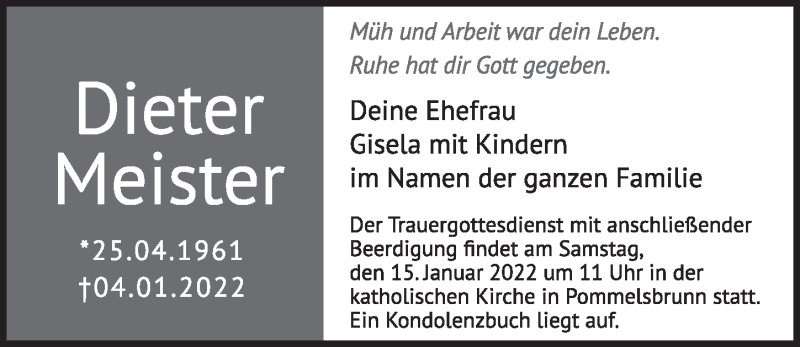  Traueranzeige für Dieter Meister vom 12.01.2022 aus Hersbrucker Zeitung