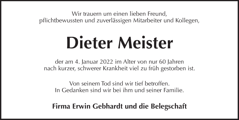  Traueranzeige für Dieter Meister vom 12.01.2022 aus Pegnitz-Zeitung