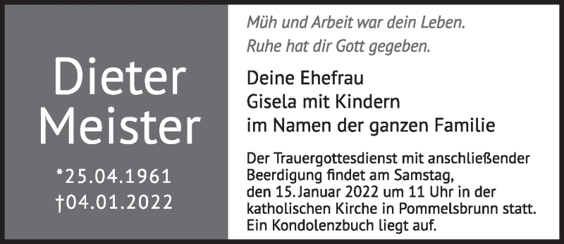  Traueranzeige für Dieter Meister vom 12.01.2022 aus Pegnitz-Zeitung