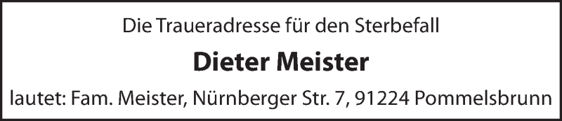  Traueranzeige für Dieter Meister vom 19.01.2022 aus Pegnitz-Zeitung