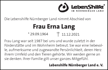 Traueranzeige von Erna Lang von Der Bote