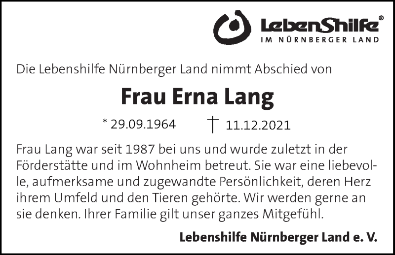  Traueranzeige für Erna Lang vom 14.01.2022 aus Der Bote
