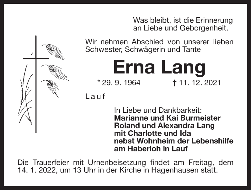  Traueranzeige für Erna Lang vom 12.01.2022 aus Der Bote