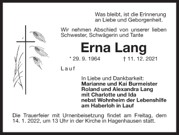 Traueranzeige von Erna Lang von Der Bote
