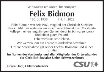 Traueranzeige von Felix Bidmon von Der Bote