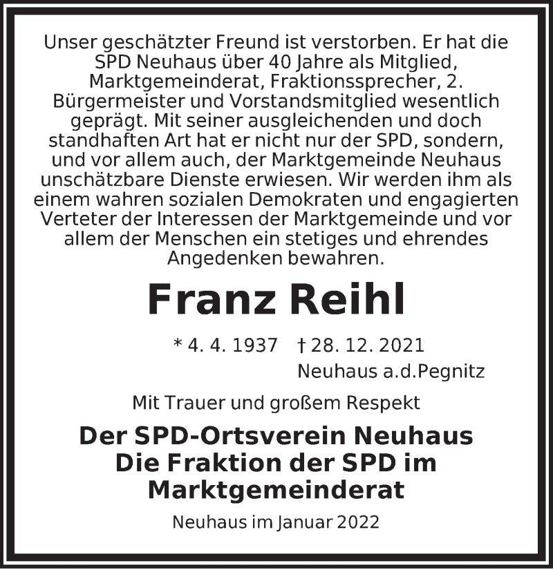  Traueranzeige für Franz Reihl vom 12.01.2022 aus Hersbrucker Zeitung